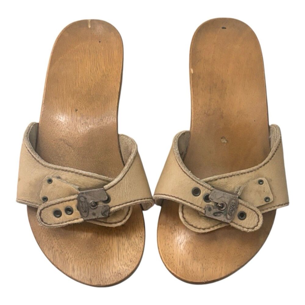Vintage Dr Scholls Wooden Exercise Sandals Tan Leather Clogs Slide Shoes Sz 7